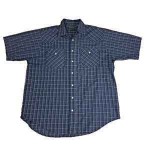 Pearl Snap Western Shirt Men's XLT 52" Short Sleeve XL Tall Blue Plaid Cowboy